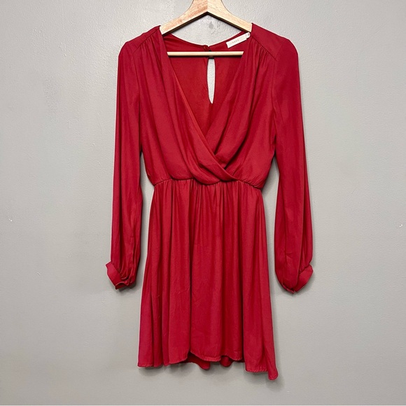 Lush Women’s Long Sleeve Red Faux Wrap (Stretch Waist) Style Dress Size Small - Picture 1 of 8